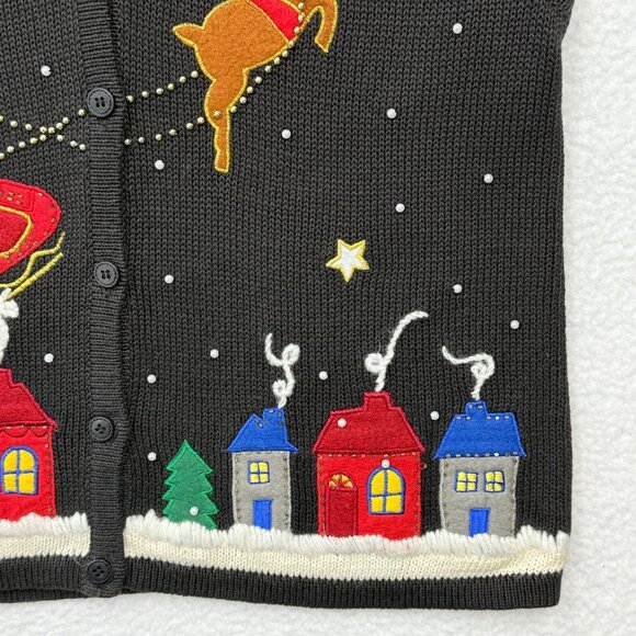 VTG Christmas Flying Santa Reindeer Sky Sweater Vest Black Grandma Teacher Sz L - Picture 5 of 10